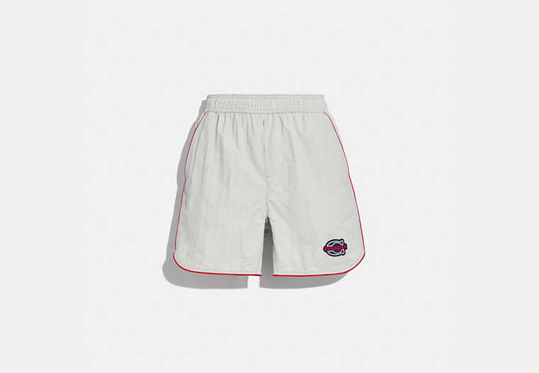 COACH®,MARATHON SHORTS IN RECYCLED NYLON,Recycled Nylon,Grey/Red,Front View