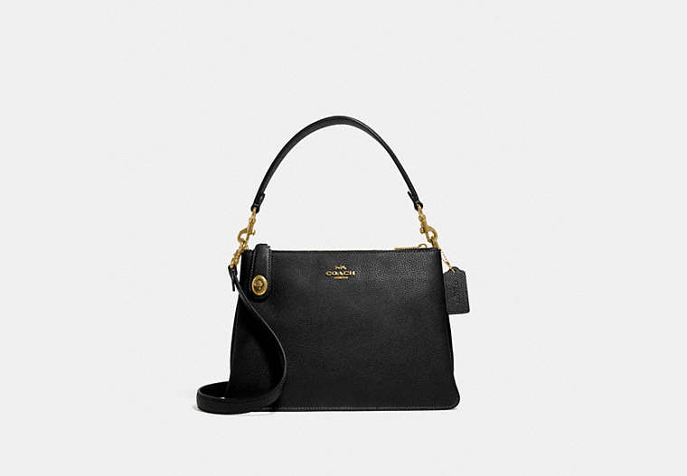 COACH®,DOUBLE ZIP SHOULDER BAG,Pebbled Leather,Medium,Brass/Black Nordstrom Excl,Front View