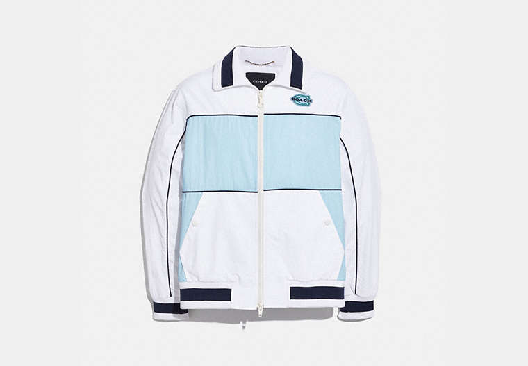 COACH®,COLORBLOCK MASHUP WINDBREAKER IN RECYCLED NYLON,Nylon,White,Front View