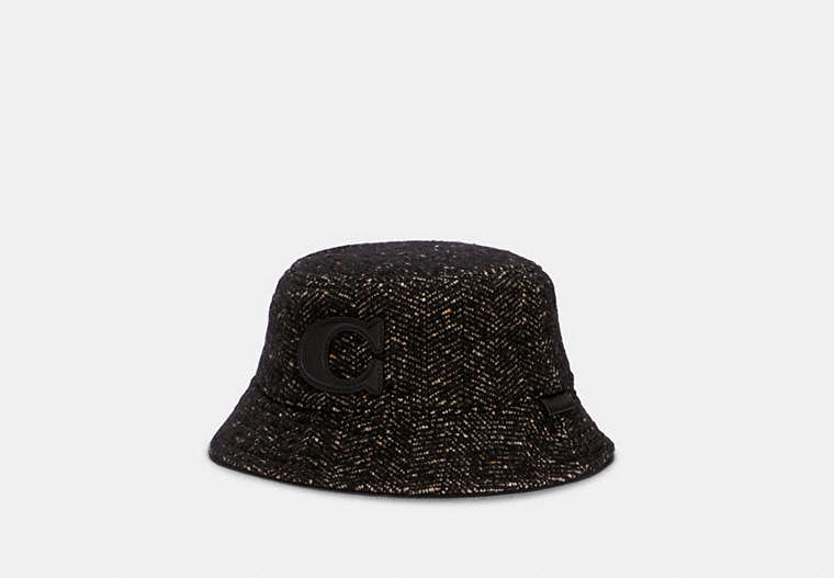 COACH®,HERRINGBONE BUCKET HAT,wool,Black,Front View