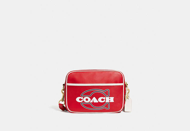 COACH®,FLIGHT BAG,Smooth Leather,Medium,Brass/Electric Red Chalk,Front View