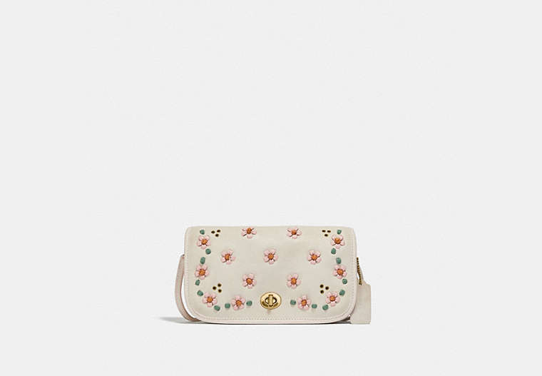 COACH®,VINTAGE DINKY WITH FLORAL EMBROIDERY,Upcycled Leather,Mini,Brass/Beige,Front View