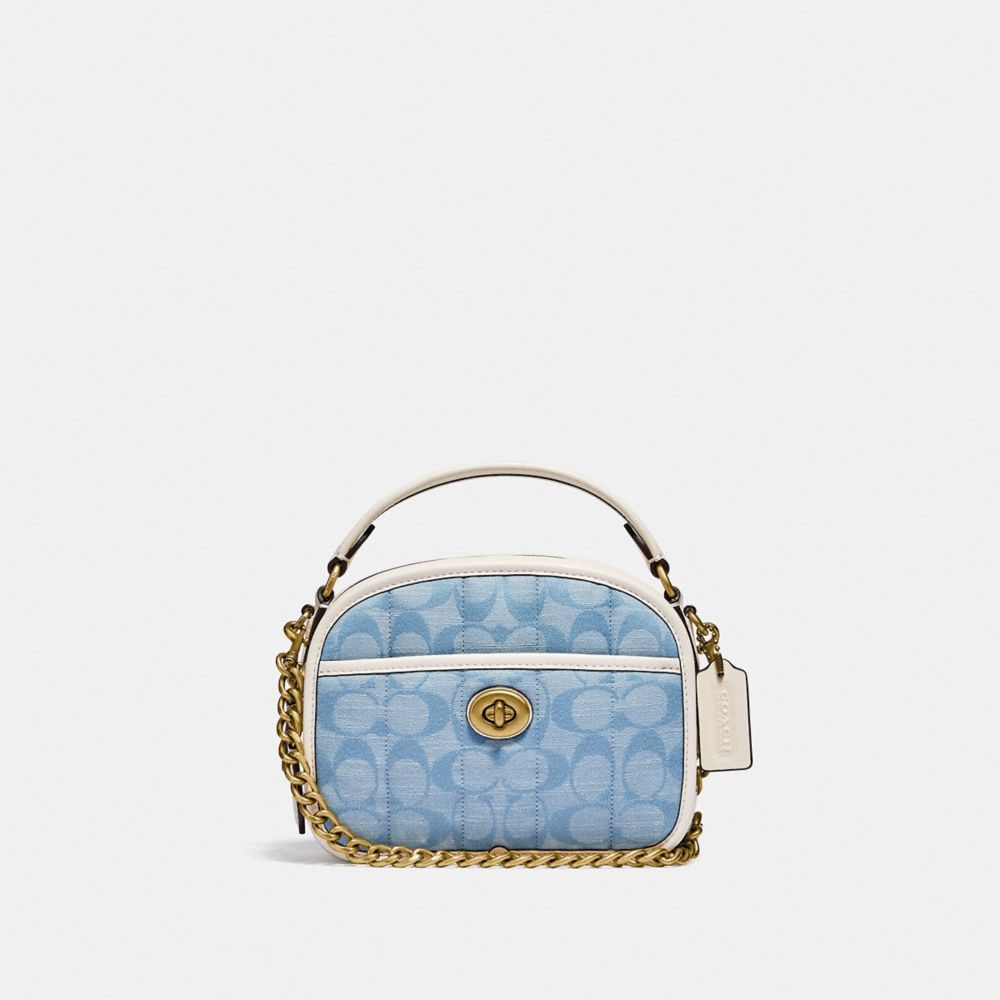 COACH®,LUNCHBOX TOP HANDLE IN SIGNATURE CHAMBRAY WITH QUILTING,Signature chambray,Small,Brass/Light Washed Denim Chalk,Front View