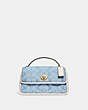 COACH®,TURNLOCK CLUTCH 20 IN SIGNATURE CHAMBRAY WITH QUILTING,Signature chambray,Small,Brass/Light Washed Denim Chalk,Front View