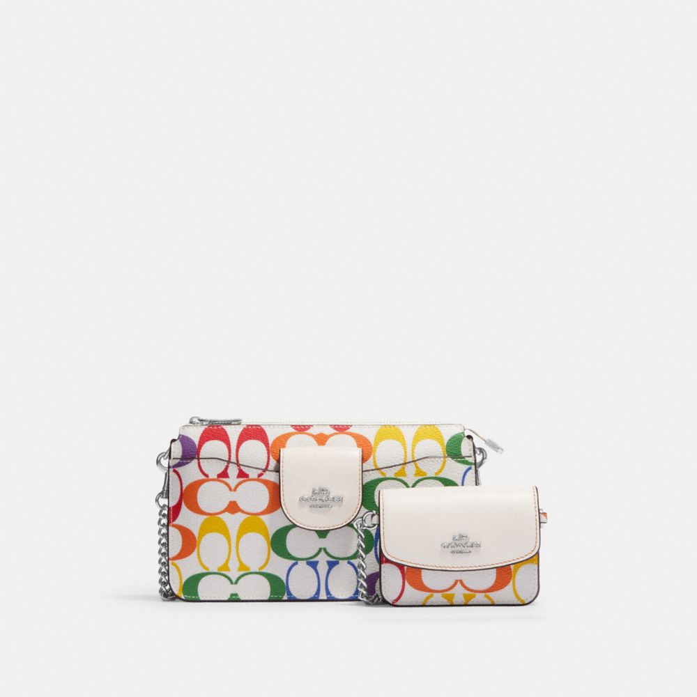 COACH®,POPPY CROSSBODY WITH CARD CASE IN RAINBOW SIGNATURE CANVAS,Mini,Silver/Chalk Multi,Front View