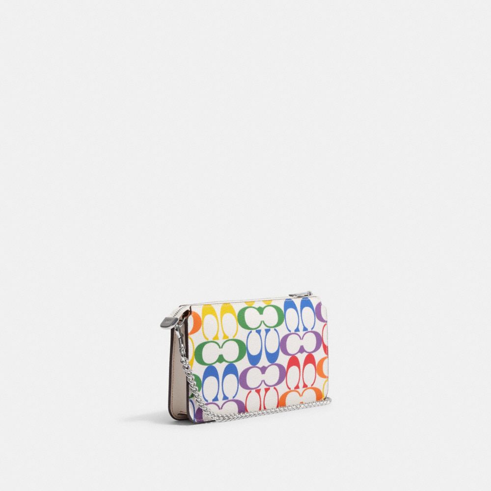 COACH®,POPPY CROSSBODY WITH CARD CASE IN RAINBOW SIGNATURE CANVAS,Mini,Silver/Chalk Multi,Angle View