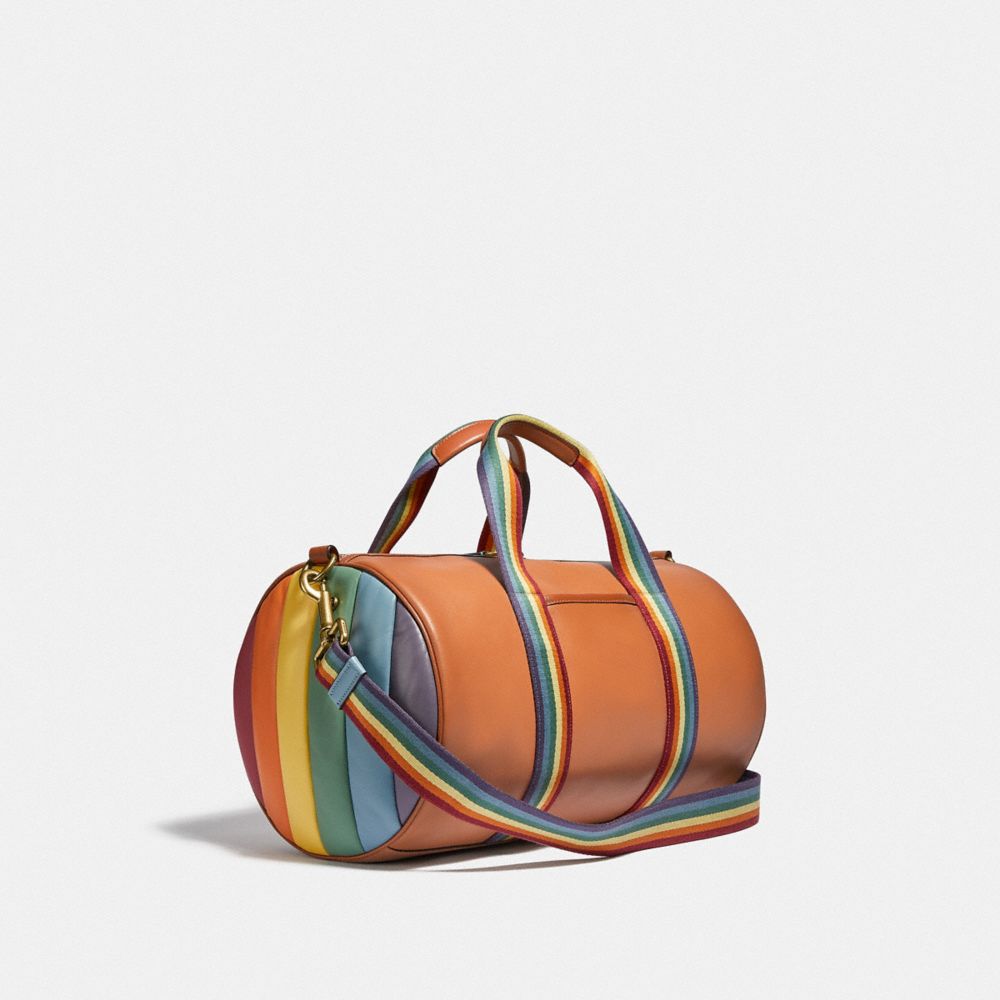 COACH®,DUFFLE WITH RAINBOW QUILTING,Smooth Leather,X-Large,Brass/Saddle Multi,Angle View