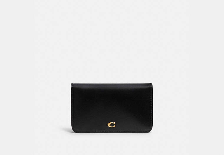 COACH®,SLIM CARD CASE,Refined Calf Leather,Mini,Brass/Black,Front View