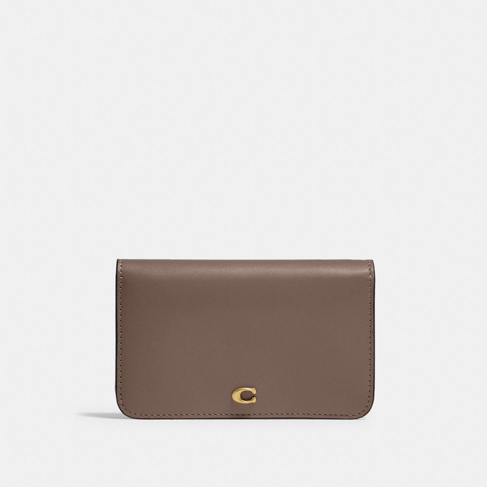 COACH®,SLIM CARD CASE,Refined Calf Leather,Mini,Brass/Dark Stone,Front View