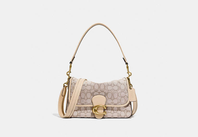 COACH®,SOFT TABBY SHOULDER BAG IN SIGNATURE JACQUARD,Jacquard,Medium,Brass/Stone Ivory,Front View