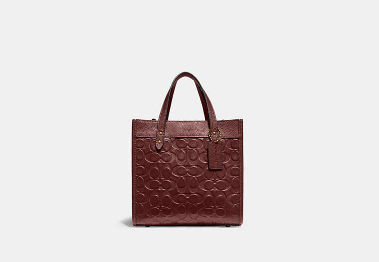COACH®,FIELD TOTE 22 IN SIGNATURE LEATHER,Pebble Leather,Medium,Brass/Wine,Front View