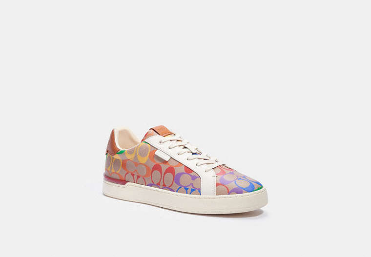 COACH®,LOWLINE LOW TOP SNEAKER IN RAINBOW SIGNATURE CANVAS,Signature Coated Canvas/Leather,TAN MULTI,Front View