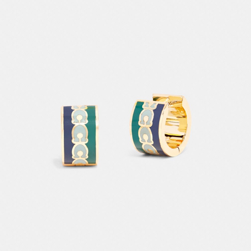 COACH®,SIGNATURE HOOP EARRINGS,Enamel/Plated Brass,GOLD/BLUE MULTICOLOR,Front View