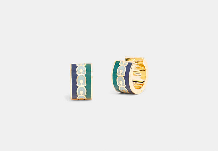 COACH®,SIGNATURE HOOP EARRINGS,Enamel/Plated Brass,GOLD/BLUE MULTICOLOR,Front View