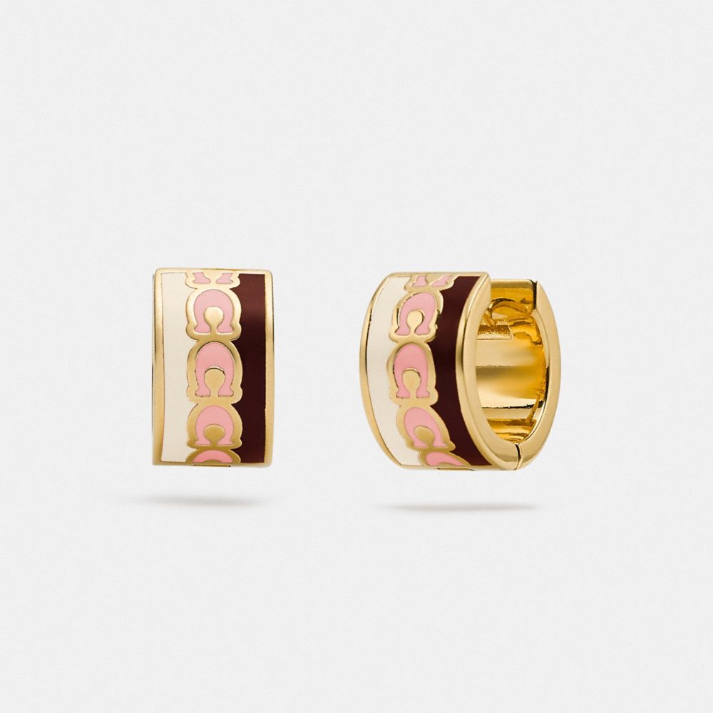 COACH®,SIGNATURE HOOP EARRINGS,Enamel/Plated Brass,Gold/ Pink Multicolor,Front View image number 0