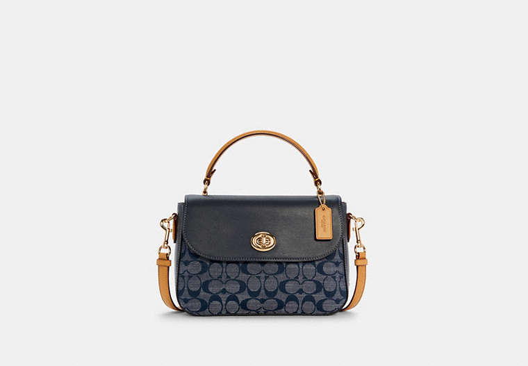 COACH®,MARLIE TOP HANDLE SATCHEL IN SIGNATURE CHAMBRAY,n/a,Medium,Gold/Denim Multi,Front View