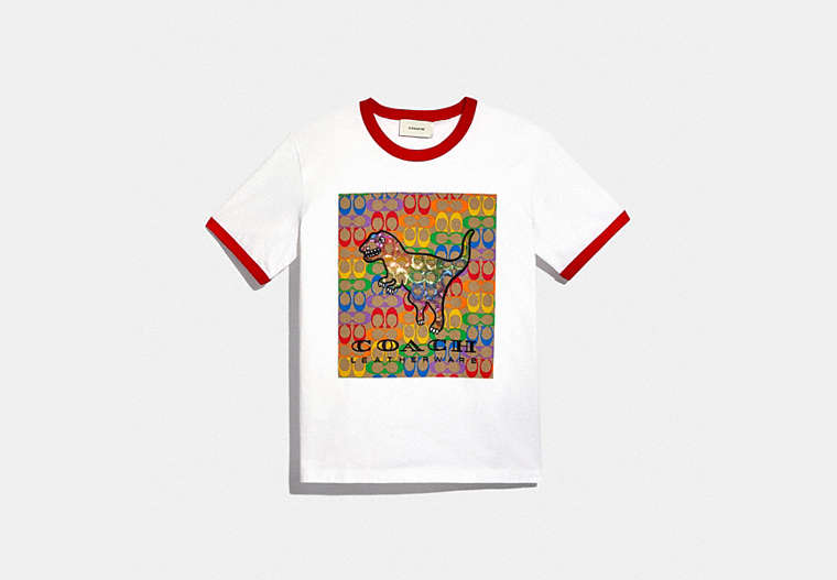 COACH®,RAINBOW SIGNATURE REXY T-SHIRT IN ORGANIC COTTON,cotton,Optic White,Front View image number 0