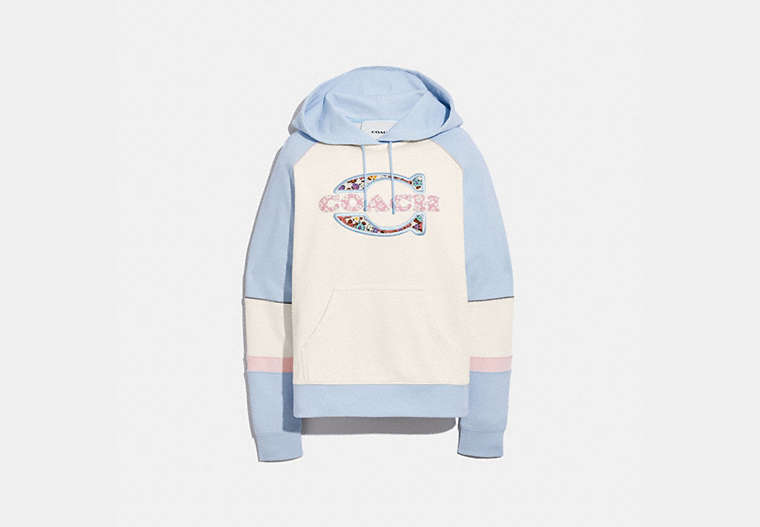 COACH®,ATHLETIC HOODIE IN ORGANIC COTTON,cotton,White/Blue,Front View
