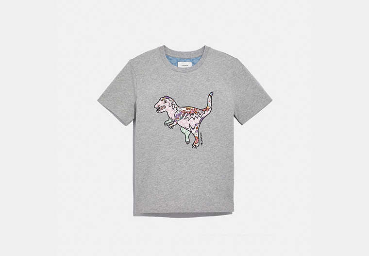 COACH®,PATCHWORK REXY T-SHIRT IN ORGANIC COTTON,cotton,Grey,Front View