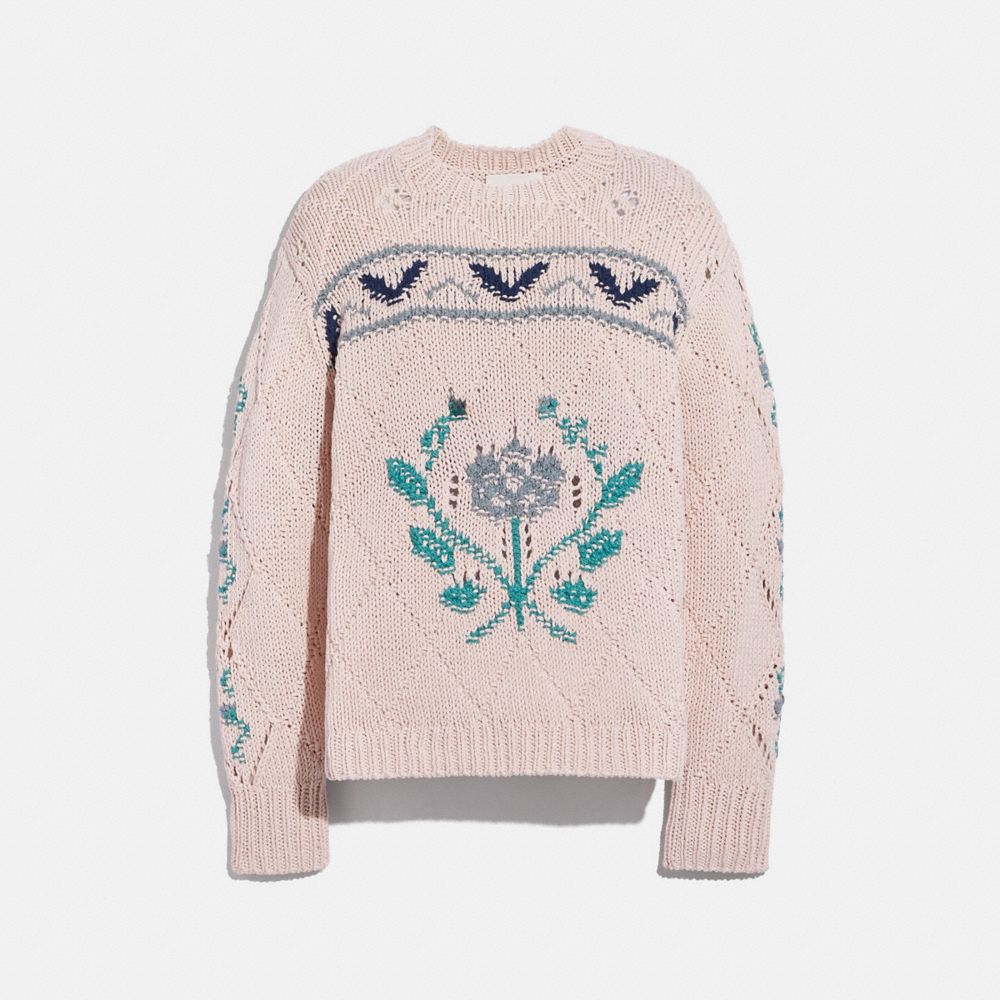 COACH®,POINTELLE CREWNECK SWEATER,cotton,Light Pink,Front View