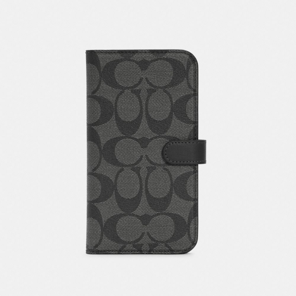 COACH®,IPHONE 12 PRO MAX FOLIO IN SIGNATURE CANVAS,pvc,Charcoal,Front View