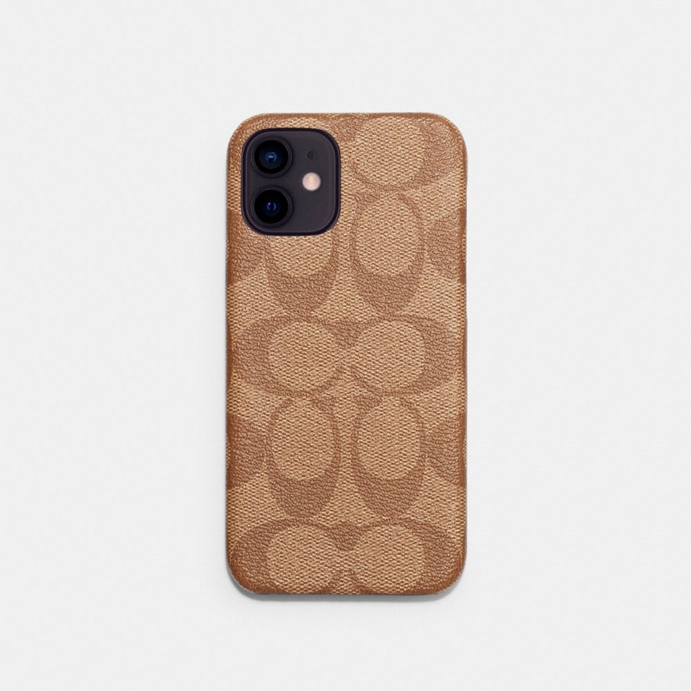 COACH®,IPHONE 12 CASE IN SIGNATURE CANVAS,KHAKI,Front View