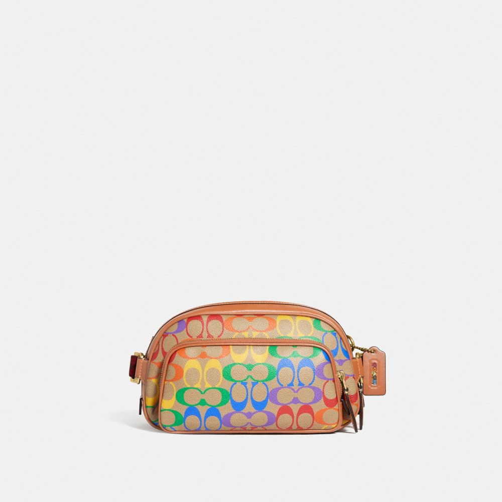 COACH®,HITCH BELT BAG IN RAINBOW SIGNATURE CANVAS,Small,Brass/Saddle Multi,Front View