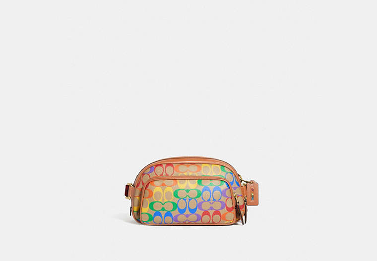 COACH®,HITCH BELT BAG IN RAINBOW SIGNATURE CANVAS,Signature Coated Canvas/Smooth Leather,Small,Brass/Saddle Multi,Front View