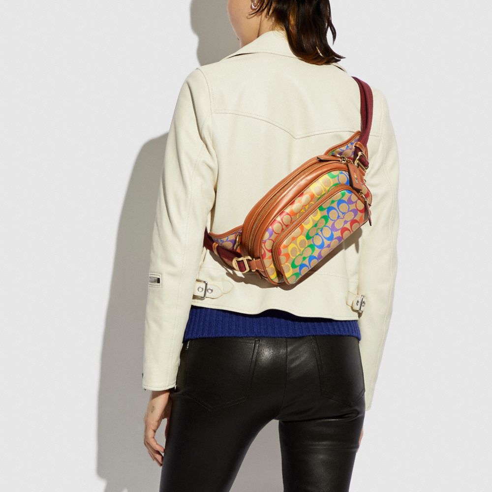 COACH®,SAC-BANANE HITCH EN TOILE SIGNATURE ARC-EN-CIEL,Laiton/Brun Multi,Detail View