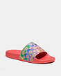 COACH®,UDELE SPORT SLIDE IN RAINBOW SIGNATURE CANVAS,Signature Coated Canvas,Tan Multi/Pop Red/Miami Red,Front View