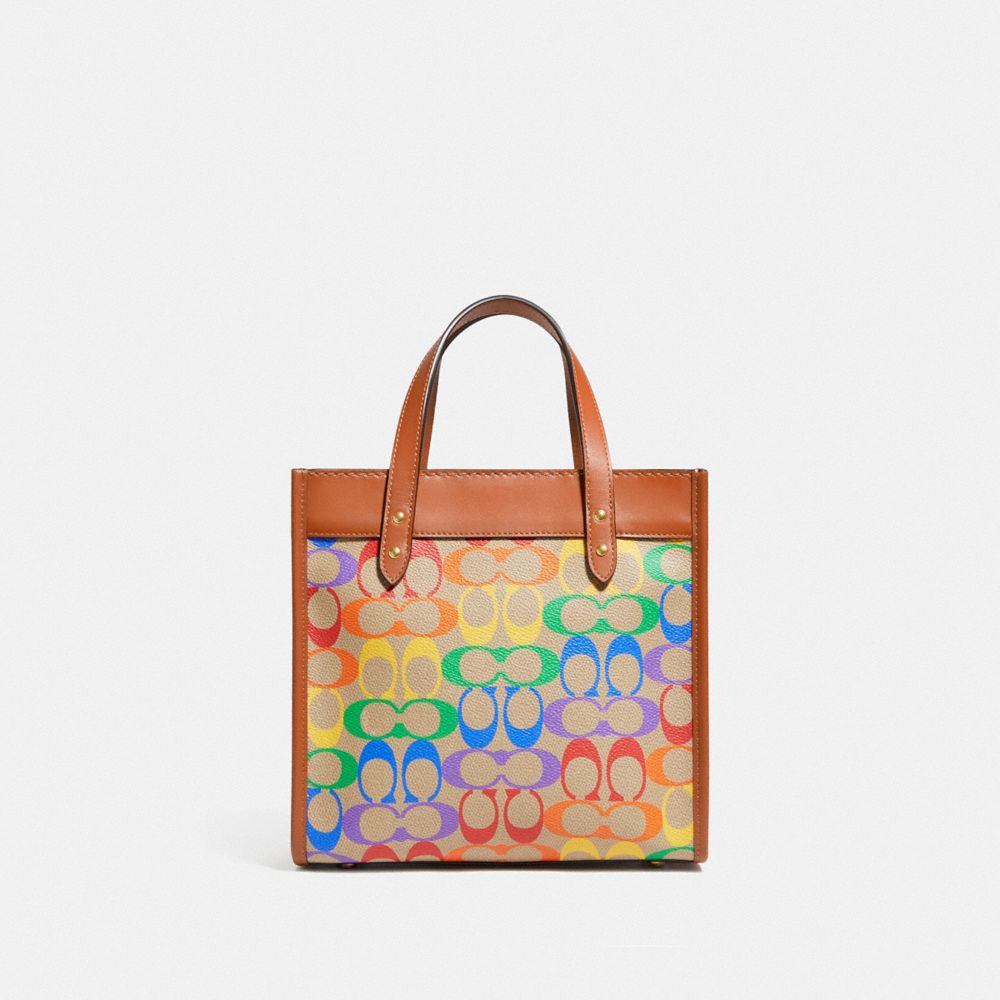 COACH®,FIELD TOTE 22 IN RAINBOW SIGNATURE CANVAS,Signature Coated Canvas,Medium,Brass/Tan Natural Multi,Back View