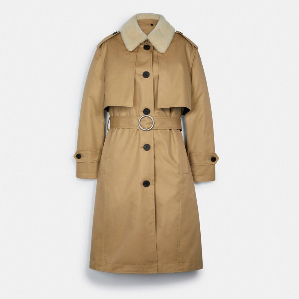 COACH®,TRENCH COAT WITH REVERSIBLE BUFFALO PLAID LINER,Other,Classic Khaki,Front View