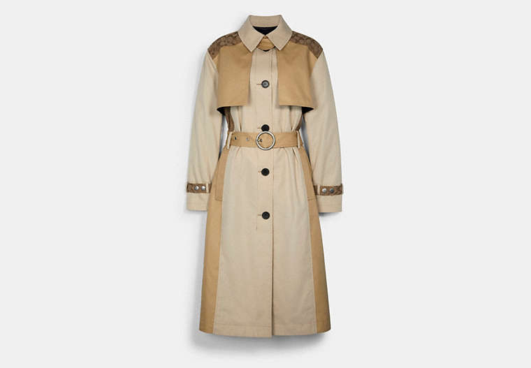 COACH®,TONAL SIGNATURE TRENCH COAT,Other,PALE KHAKI,Front View