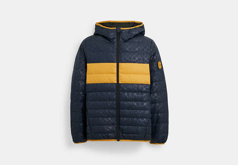 COACH®,PACKABLE DOWN JACKET,n/a,Sky Captain / Yellow,Front View