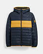 COACH®,PACKABLE DOWN JACKET,n/a,Sky Captain / Yellow,Front View