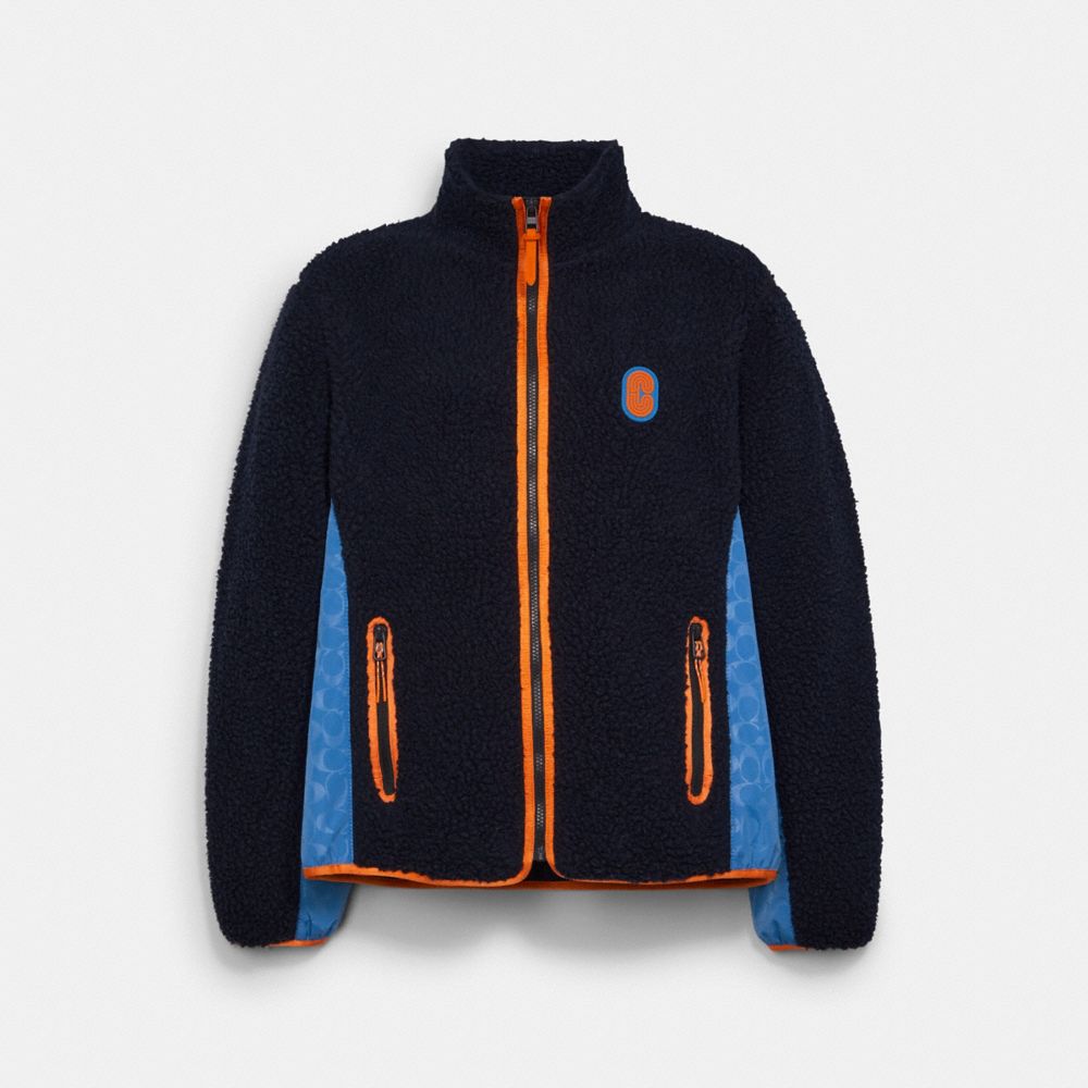 COACH®,SHERPA FULL ZIP HOODIE,Midnight Navy,Front View