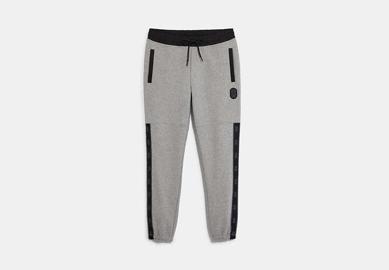 COACH®,SIGNATURE TAPE JOGGERS,cotton,Light Heather Grey,Front View