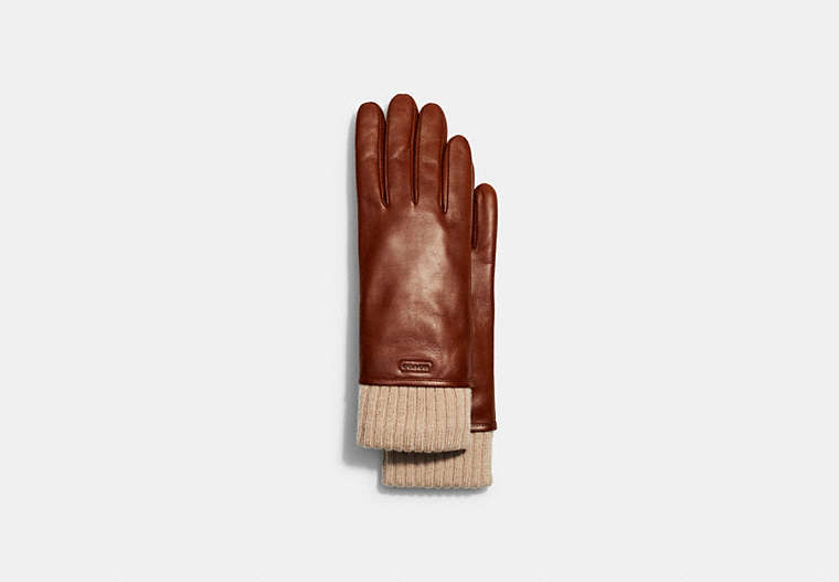 COACH®,LEATHER KNIT CUFF MIXED GLOVES,Leather,Saddle,Front View