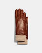 COACH®,LEATHER KNIT CUFF MIXED GLOVES,Leather,Saddle,Front View