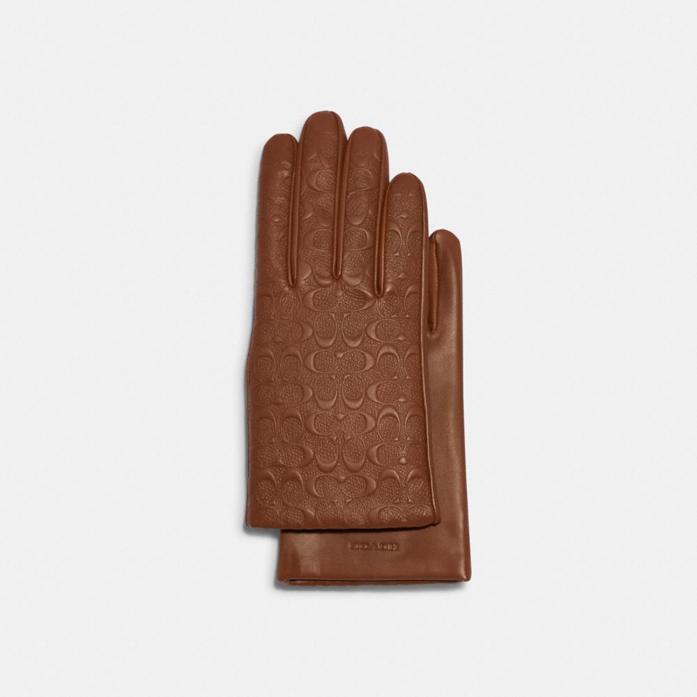 COACH®,SIGNATURE LEATHER TECH GLOVES,Dark Saddle,Front View