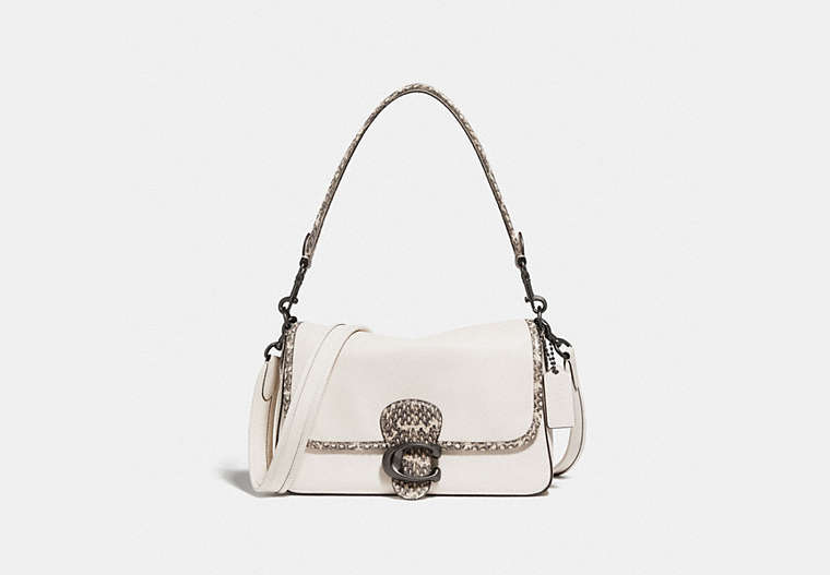 COACH®,SOFT TABBY SHOULDER BAG WITH SNAKESKIN DETAIL,Smooth Leather/Exotic,Medium,Pewter/Chalk,Front View
