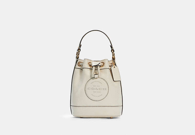 COACH®,DEMPSEY DRAWSTRING BUCKET BAG 15 WITH COACH PATCH,Small,Gold/Chalk,Front View