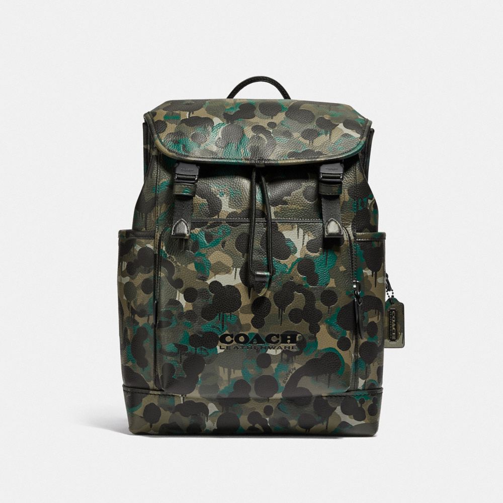 COACH®,LEAGUE FLAP BACKPACK WITH CAMO PRINT,X-Large,Matte Black/Green/Blue,Front View