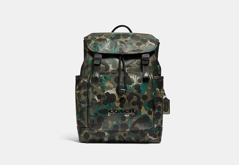 COACH®,LEAGUE FLAP BACKPACK WITH CAMO PRINT,Pebble Leather,X-Large,Matte Black/Green/Blue,Front View