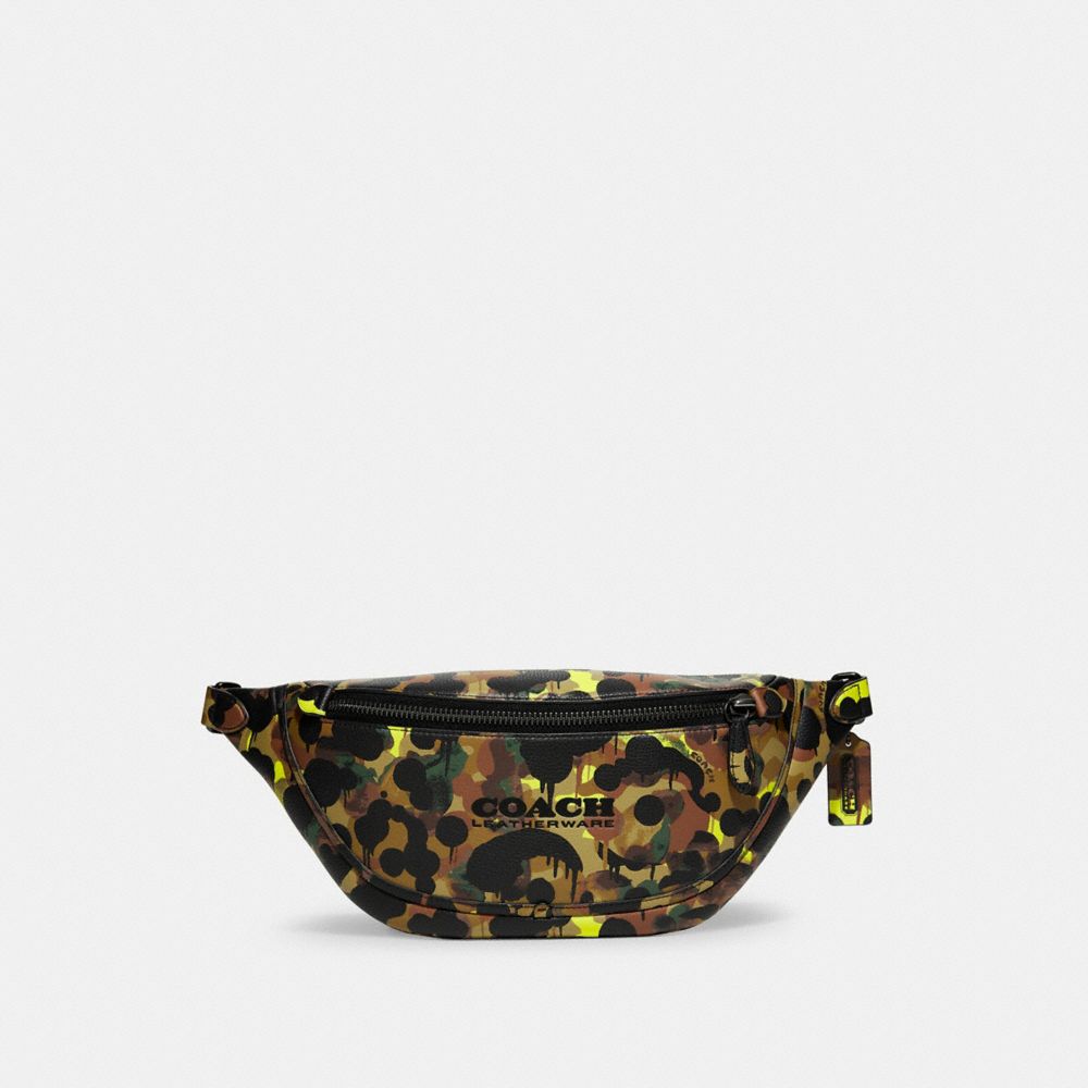 COACH®,LEAGUE BELT BAG WITH CAMO PRINT,Refined Pebble Leather,Medium,Black Copper/Neon/Yellow/Brown,Front View