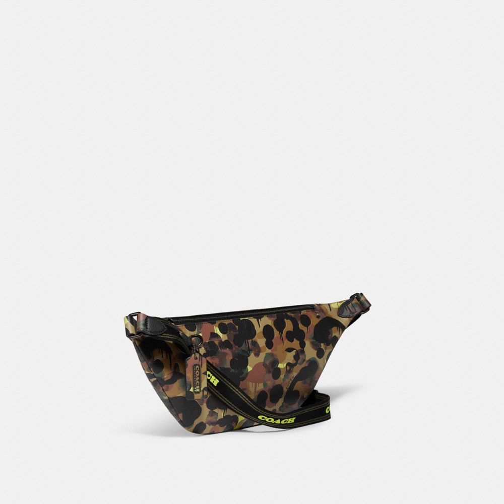 COACH®,LEAGUE BELT BAG WITH CAMO PRINT,Refined Pebble Leather,Medium,Black Copper/Neon/Yellow/Brown,Angle View