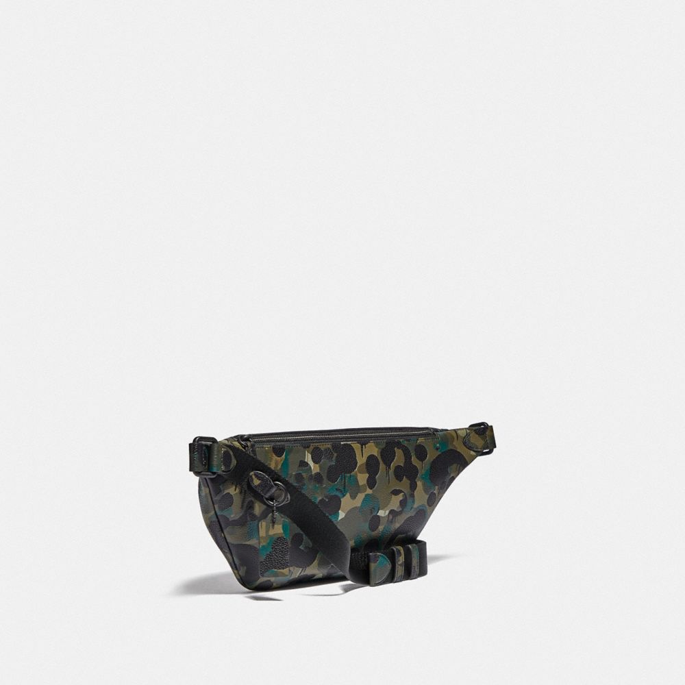 COACH®,LEAGUE BELT BAG WITH CAMO PRINT,Refined Pebble Leather,Medium,Matte Black/Green/Blue,Angle View