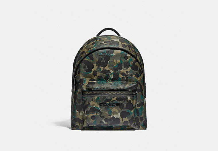 COACH®,CHARTER BACKPACK WITH CAMO PRINT,Pebble Leather,Large,Camo,Matte Black/Green/Blue,Front View