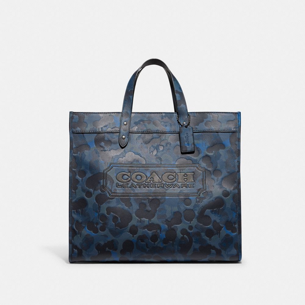 COACH®,CABAS CHAMP 40 AVEC IMPRIMÉ CAMOUFLAGE,Cuir galet,Bleu/Bleu Marine Minuit,Front View