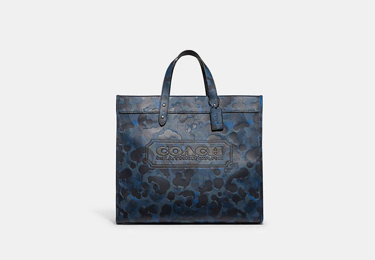 COACH®,FIELD TOTE 40 WITH CAMO PRINT,Pebble Leather,X-Large,Blue/Midnight Navy,Front View